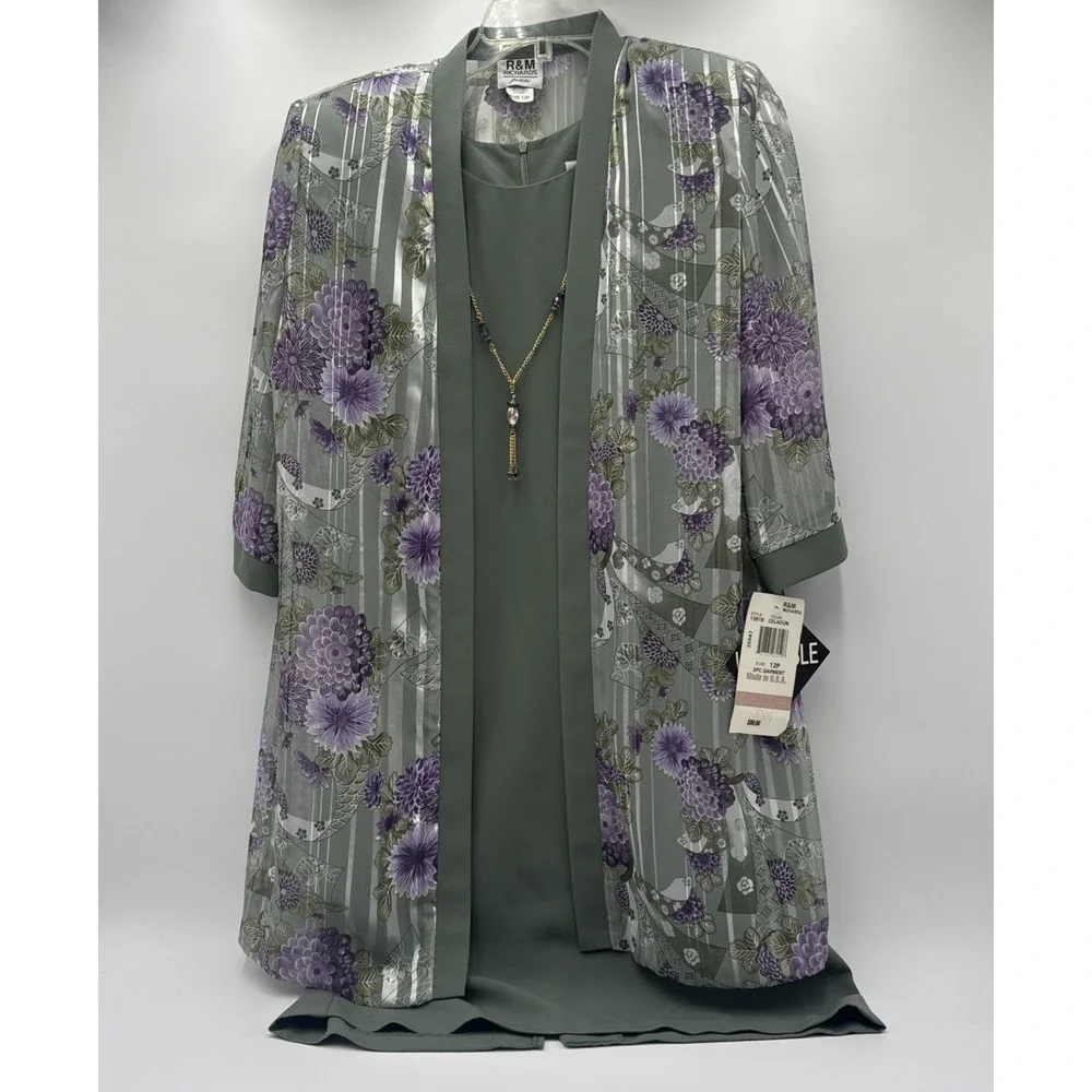 Vintage R&M Richards Dress set Purple&green 2 Piece Set With Necklace Sz 12P NWT - Picture 1 of 10